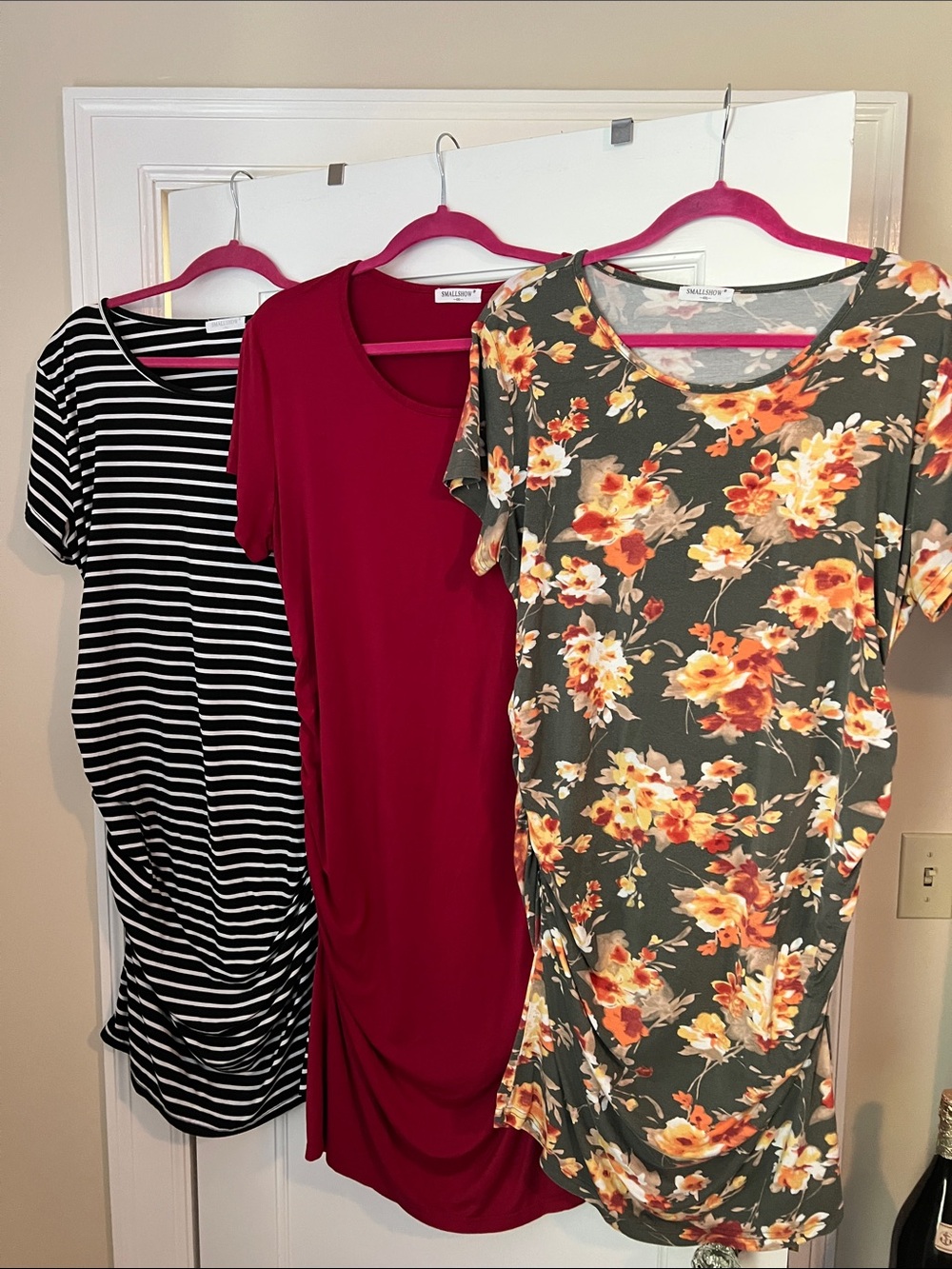 Three Midi Maternity Dresses- Black and White, Burgundy, and Olive Floral